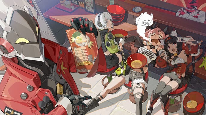 Zenless Zone Zero artwork showing Billy holding up a menu whole Nekomiya and Anby help Nicole on the floor.