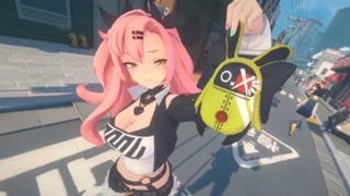 A pink-haired character named Nicole holds up a small rabbit-like toy in Zenless Zone Zero
