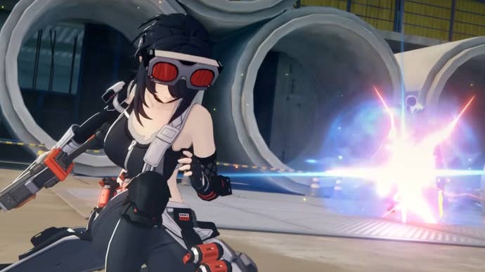 Grace kneeling down with her back turned to an enemy, applying Shock to them in her Zenless Zone Zero character demo.