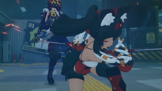 Nekomata crouching with her back turned to an enemy after striking him in Zenless Zone Zero.