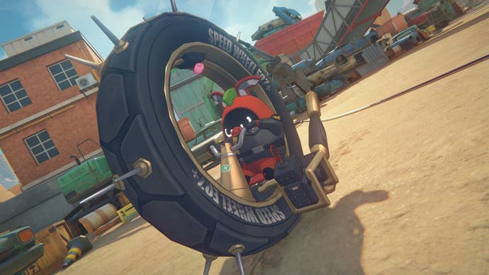 Bangboo Red Moccus driving a tyre in Zenless Zone Zero.