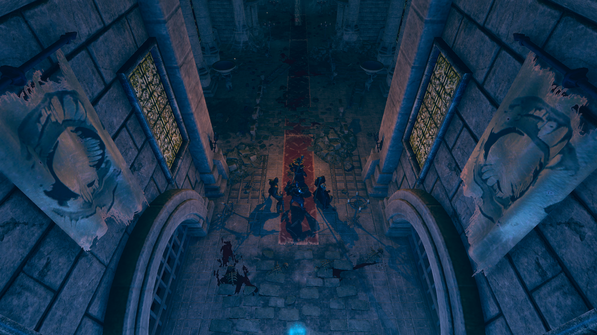 A party of fantasy heroes enter a stone castle hallway in Zoria: Age Of Shattering - 3