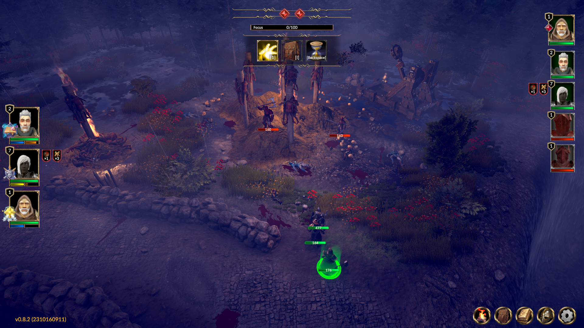 A party of fantasy heroes fight guards around flaming stakes at night in Zoria: Age Of Shattering - 7