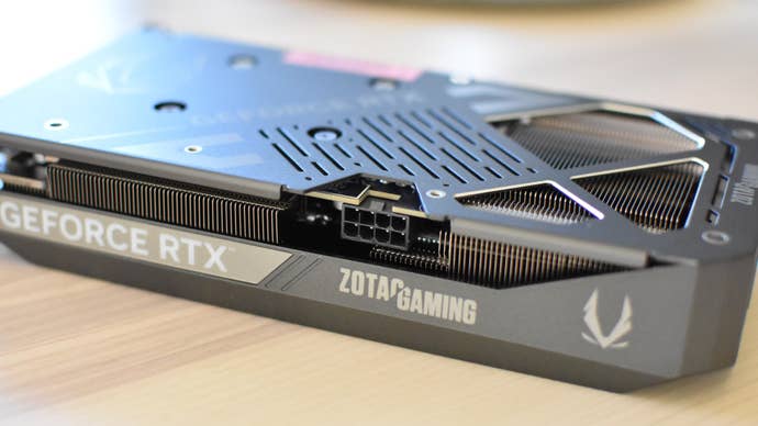 A closeup of the powerfulness connector connected the Zotac Gaming GeForce RTX 5060 Ti Twin Edge graphics card.