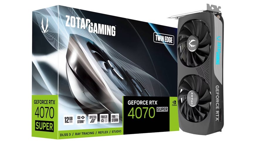 The Zotac RTX 4070 Super Twin Edge with its box.