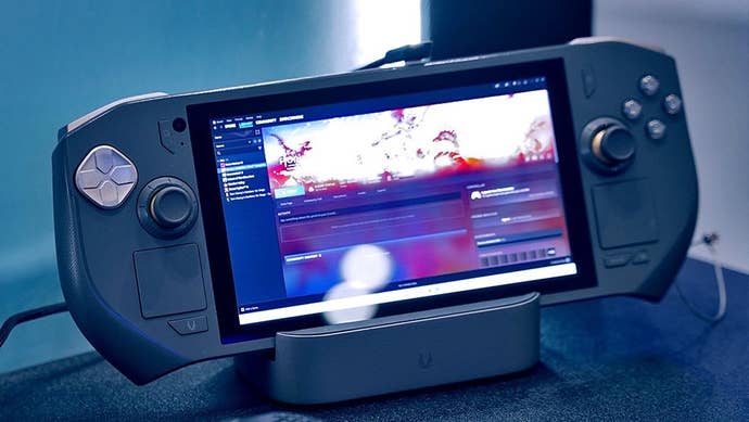 The Zotac Zone handheld gaming PC on display at Computex 2024.