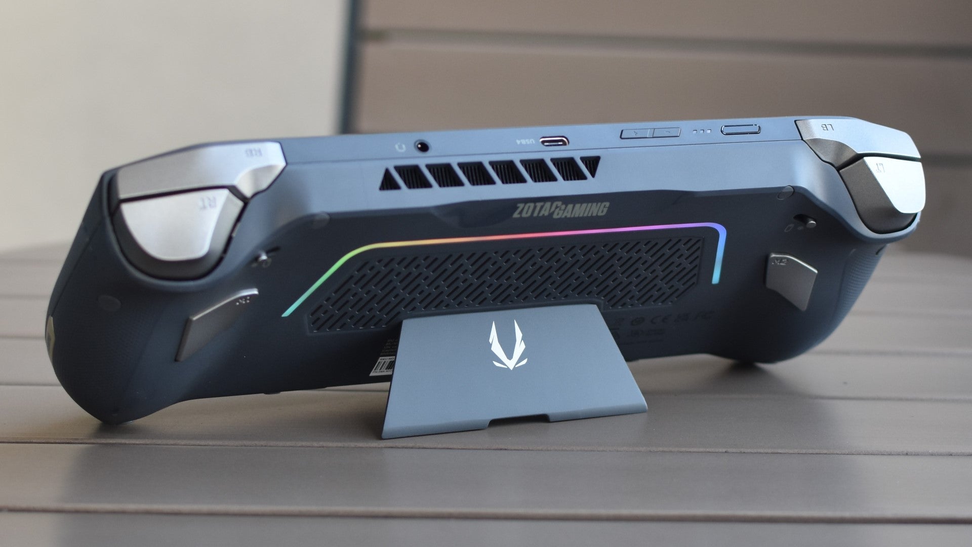 A rear view of the Zotac Zone, which is propping itself up with its kickstand. - 8