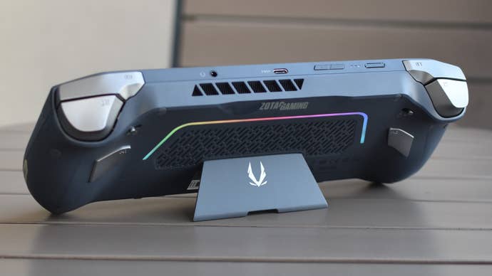 A rear view of the Zotac Zone, which is propping itself up with its kickstand.