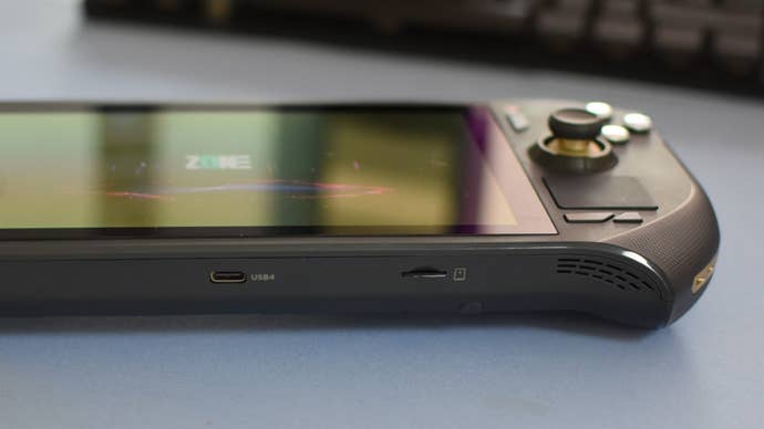 The USB4 and microSD ports on the underside of the Zotac Zone.