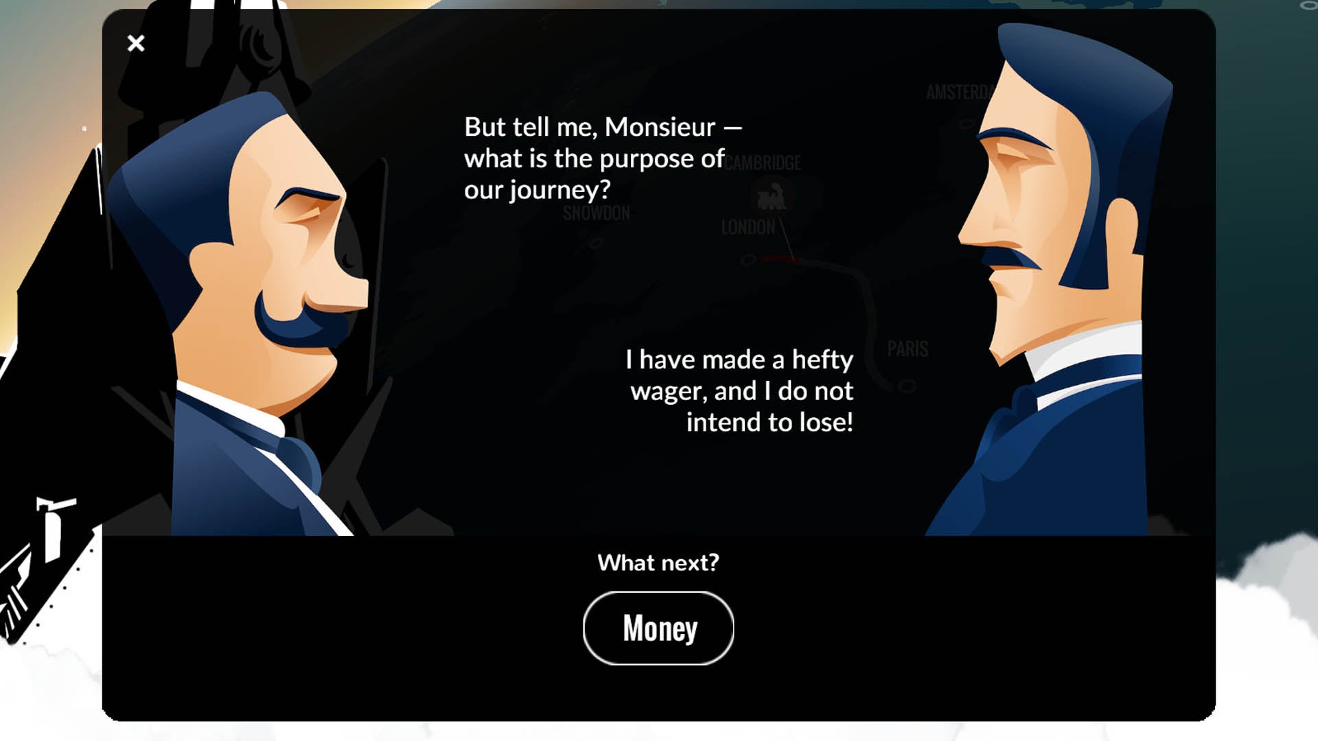 The two protagonists of 80 Days share a human-written conversation