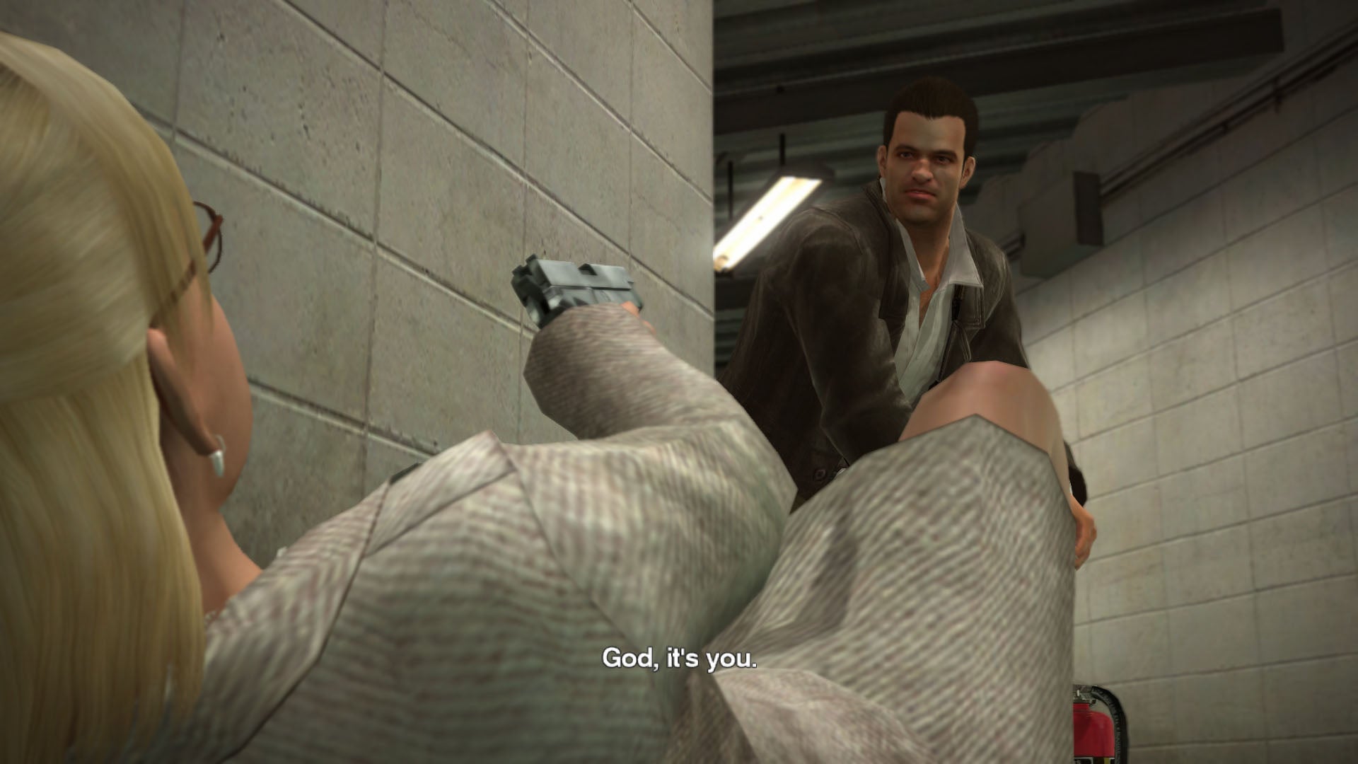 A woman points a gun at the hero of Dead Rising