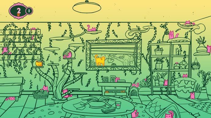 An illustrated room full of cats I have mostly found in a screenshot from A Building Full of Cats.