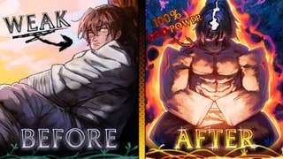 Artwork for the Roblox experience A Cultivation Game showing an anime-style character before and after getting more powerful.