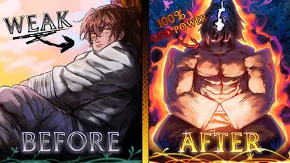Artwork for the Roblox experience A Cultivation Game showing an anime-style character before and after getting more powerful.
