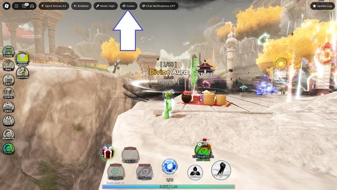 A screenshot of A Cultivation Game in Roblox showing the game's codes button.