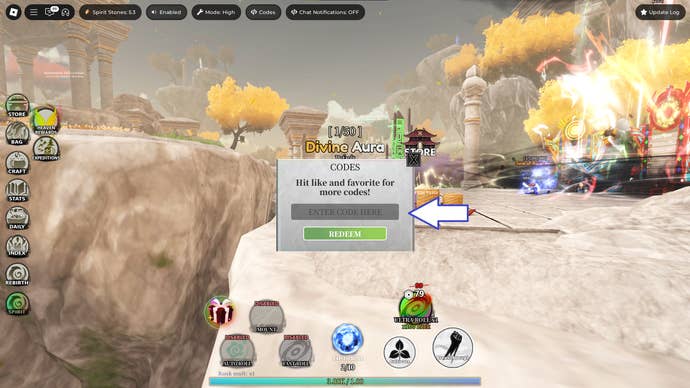 A screenshot of A Cultivation Game in Roblox showing the game's codes field.
