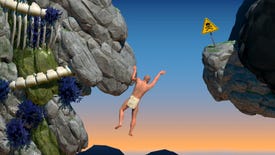 A nearly-naked climber reaches between rock faces in A Difficult Game About Climbing.