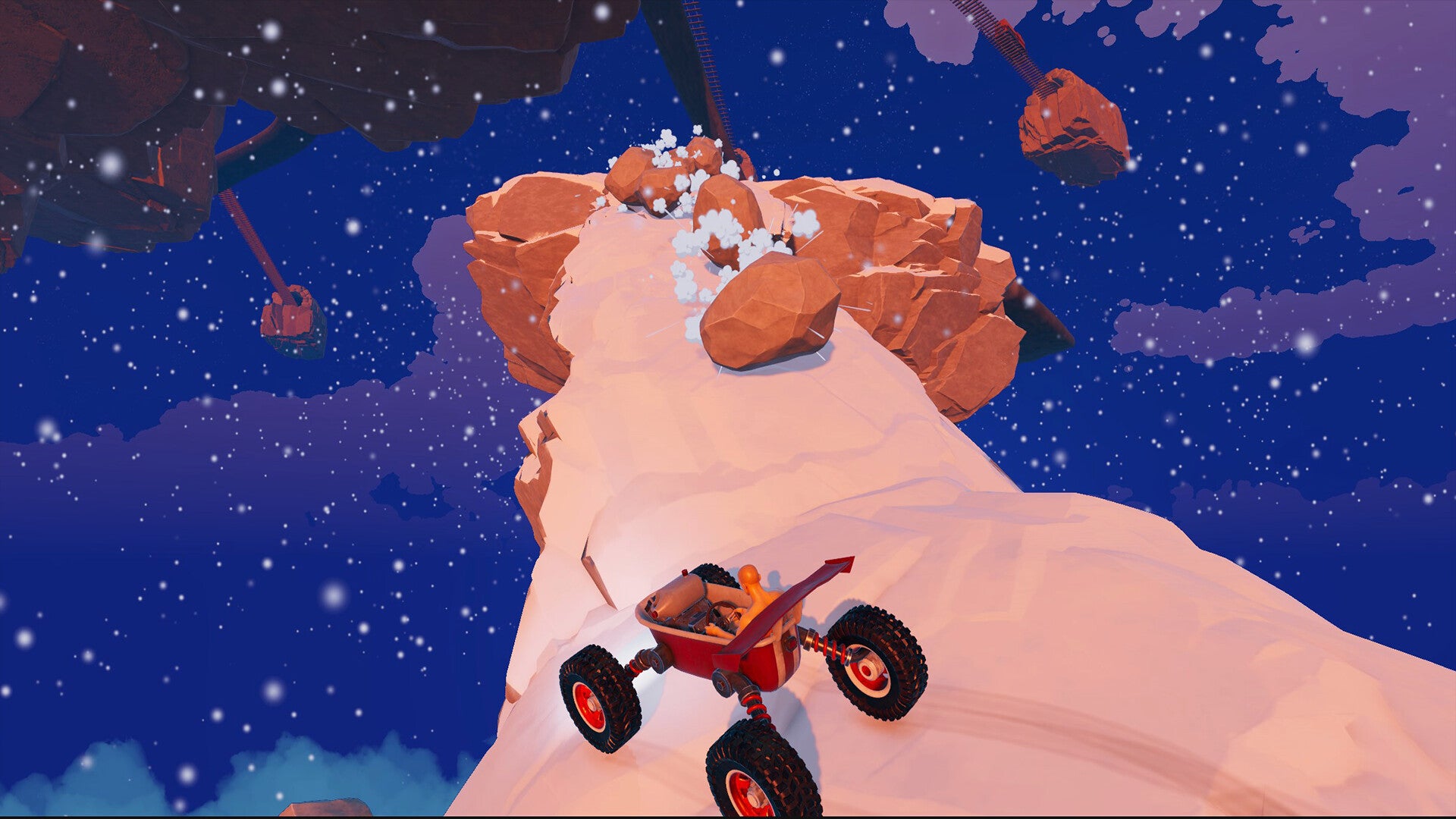 A bald man rides a bathtub on wheels. He's driving up a snow-covered rocky road at night, the sky full of stars. Boulders tumble towards him. - 1