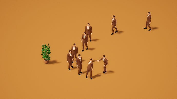 A Firm Handshake - A business person in a suit is twisted around backwards to accept a handshake from another business person while a bunch of folks in suits follow behind them.