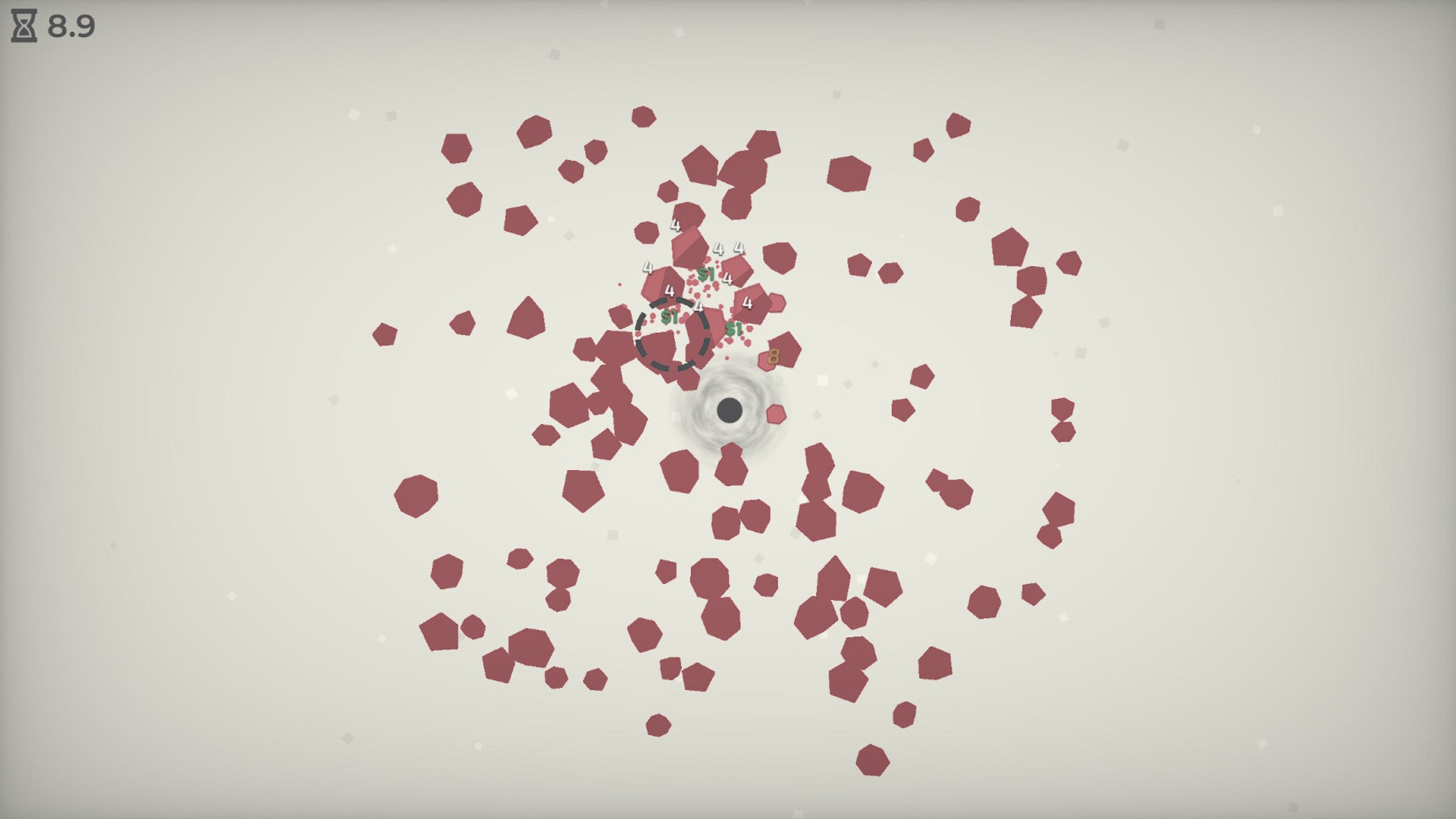 A small black hole is surrounded by many red asteroids, rendered in a simple graphical style in A Game About Feeding A Black Hole. - 1
