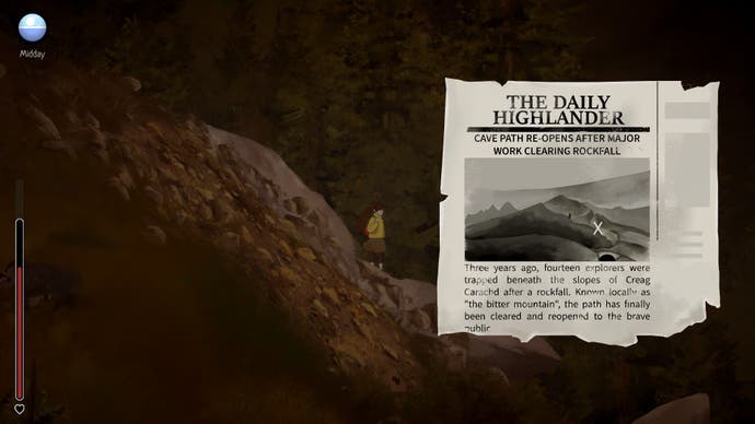 A Highland Song screenshot showing - Moira by a load of slipper rocks, and a scrap of newspaper cutting showing a clue to a cave opening.