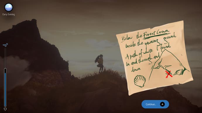 A Highland Song screenshot showing - Moira outlined on a peak with a hand-drawn map to a path from Hamish