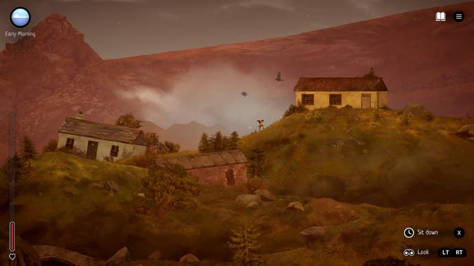 A Highland Song screenshot showing - a zoomed out view of three crumbling buildings iwth Moira in between