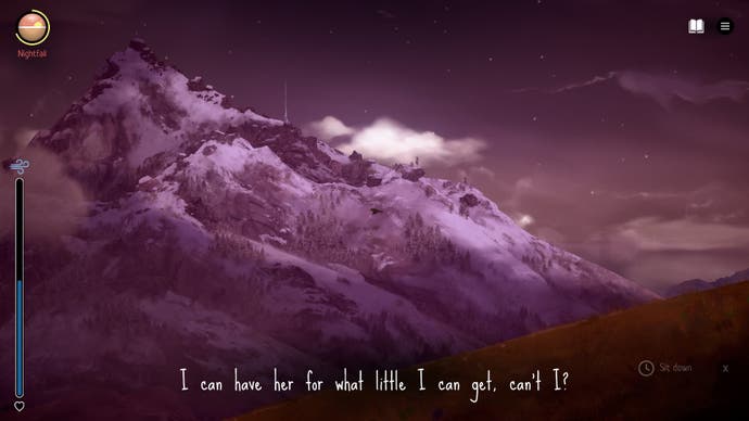A Highland Song screenshot showing a view of a distant snowy mountain in a purple haze