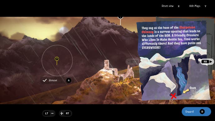 A Highland Song screenshot showing Moira looking for somewhere to mark on her map for a clue