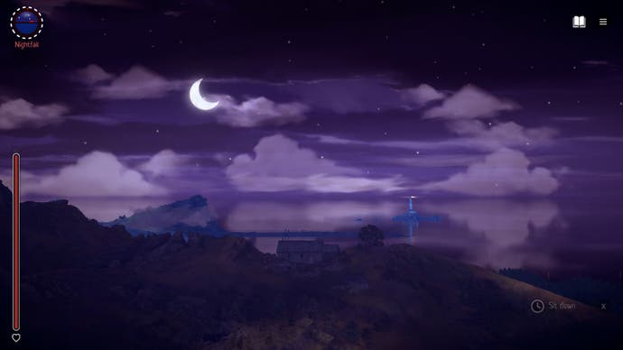 A Highland Song screenshot showing the moon in a deep purple night sky above black outlined peaks