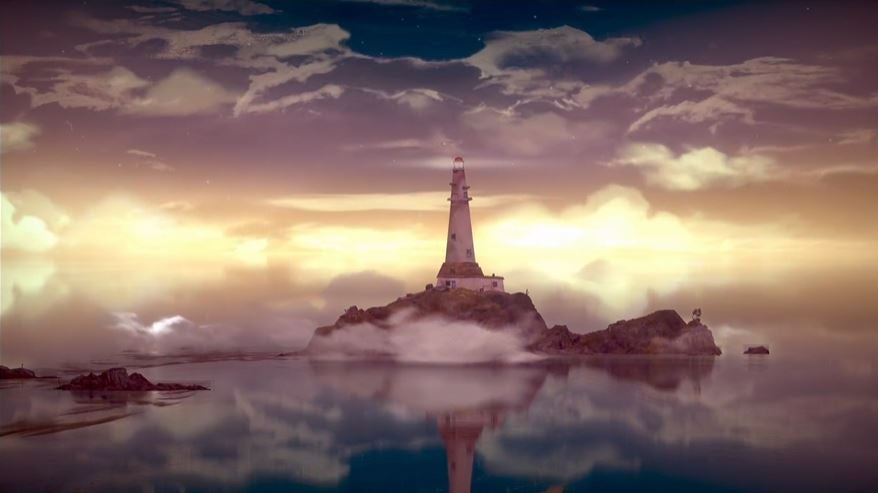 A Highland Song image showing a lighthouse against a golden hour sunset and the reflection of shallow sea before it.