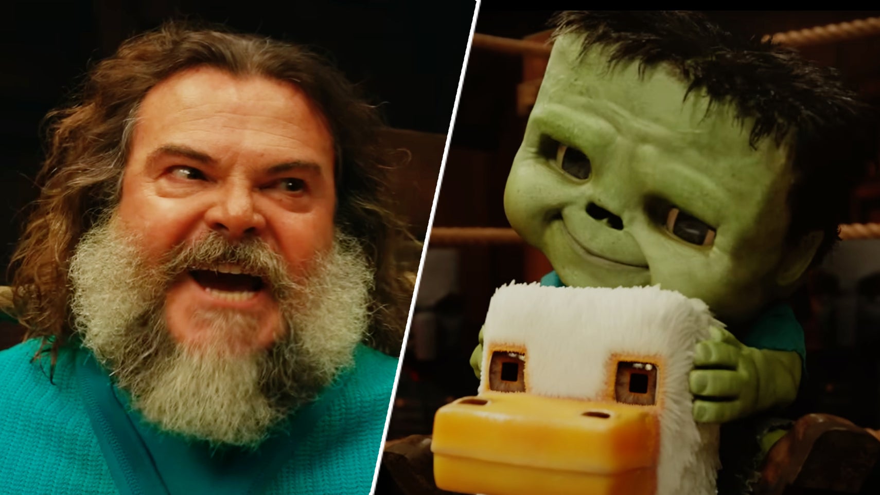 Jack Black saying 'Chicken Jockey' in A Minecraft Movie opposite a chicken jockey. - 1