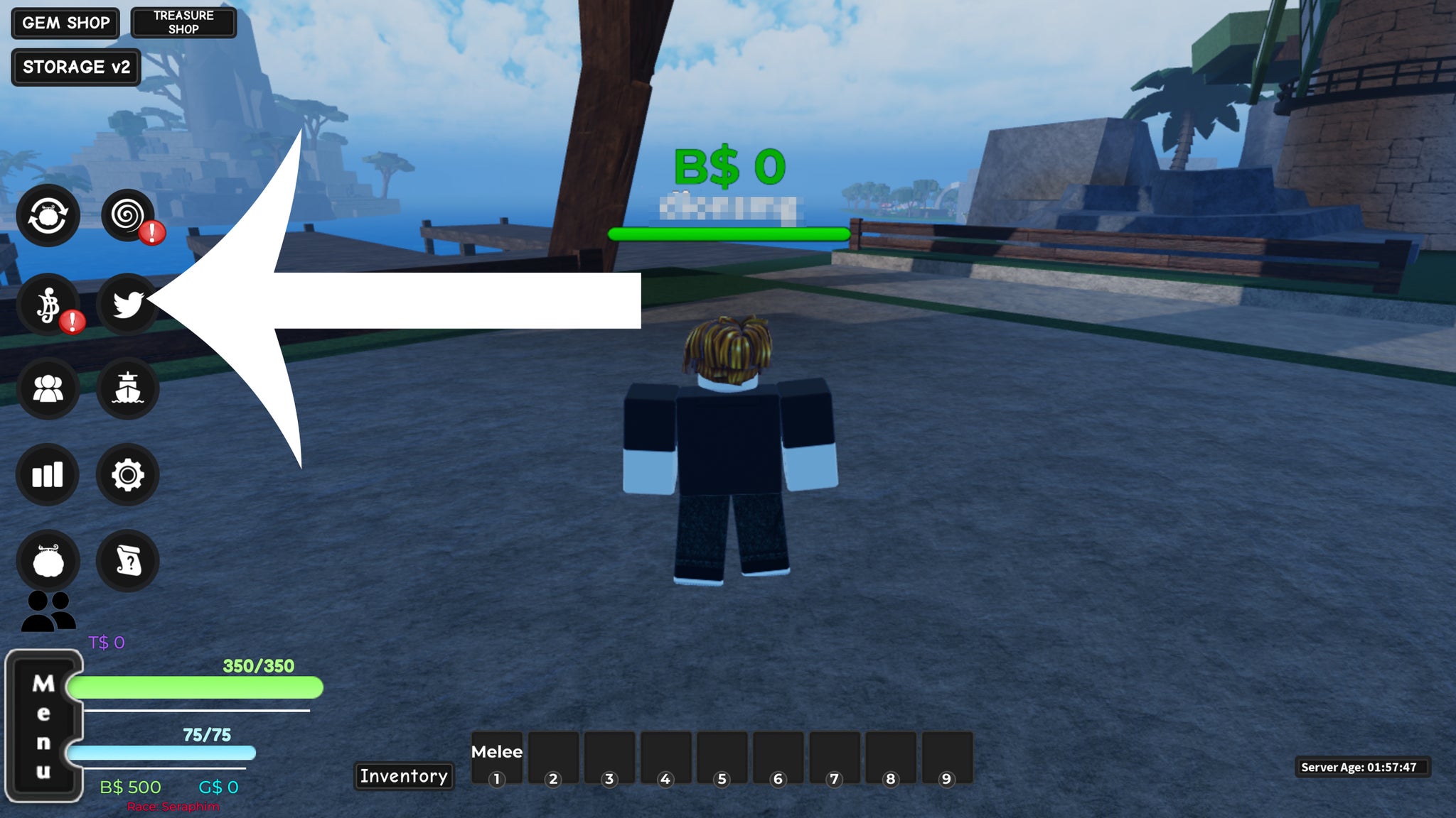 Arrow pointing at the codes button in A One Piece Game. - 4