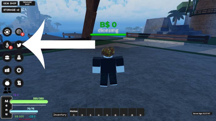 Arrow pointing at the codes button in A One Piece Game.