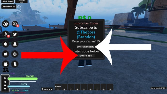 Arrows pointing at textboxes in the codes menu that players need to fill out in A One Piece Game.