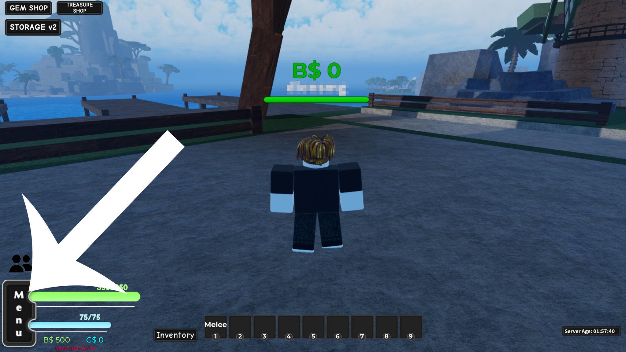 Arrow pointing at the menu button in A One Piece Game. - 3