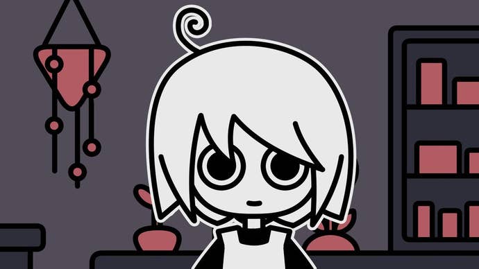 The protagonist of A Pet Shop After Dark stairs at the camera with round, dark eyes