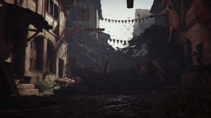 A screenshot from the reveal trailer for A Plague Tale: Requiem showing a huge tidal wave of rats sweeping down a deserted medieval town’s street