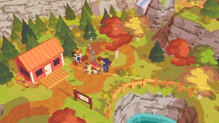 A screenshot from A Short Hike which shows two characters chilling by a campfire.