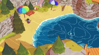 A Short Hike screen showing the main character bird sitting on a beach under a rainbow-coloured parasol with a fishing rod and bait bobbing in the crystal blue sea.