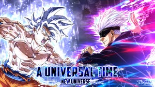 Artwork for the Roblox game A Universal Time, showing two supercharged anime-inspired characters fighting.