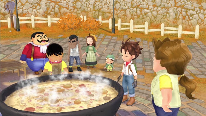 A group of residents gather around a large cooking pot