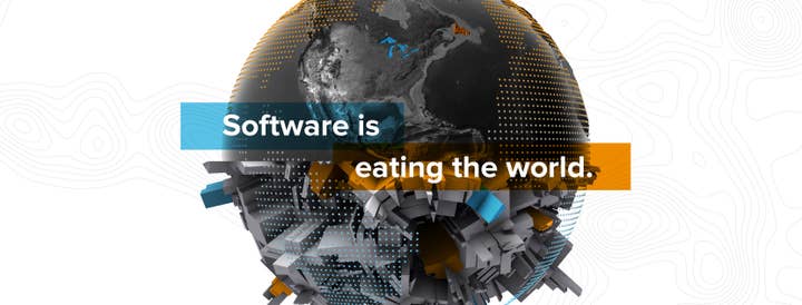 An image of a globe with the words "Software is eating the world." The top half of the color-drained image shows North America looking more or less normal, while the entire Southern Hemisphere has a city of large but only lightly detailed 3D buildings sticking out of it. A handful of them are orange or blue.