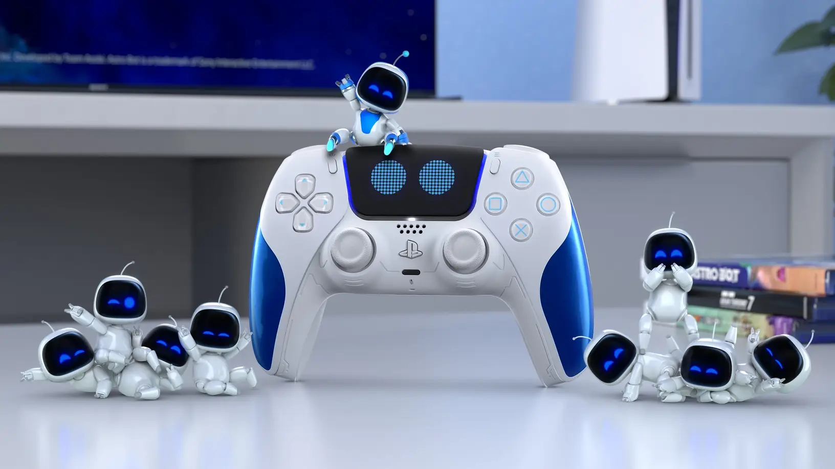 Astro Bot Dualsense dengan lil Astros memanjatnya