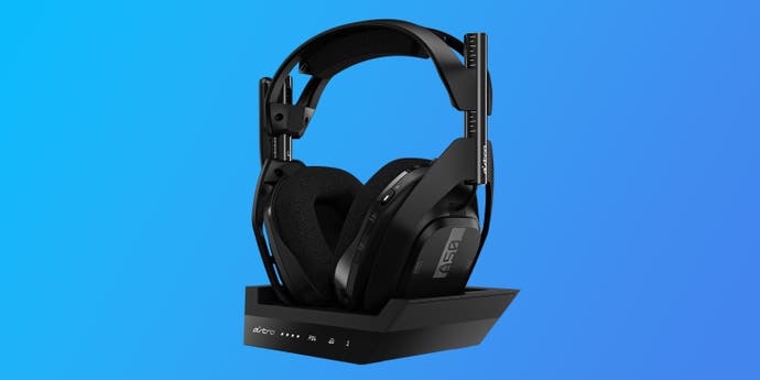 astro a50 2019 edition shown on a blue gradient background with their charging station