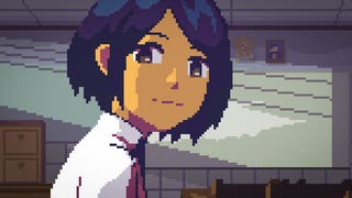 The character Raya from A Space for the Unbound. It's a pixelated portrait. She turns to the camera with wide eyes and a small smile. She's wearing a white school shirt and tie.