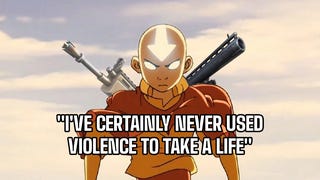 Aang from Avatar the Last Airbender is in the Avatar state, two guns attached to his back, with text that reads "I've certainly never used violence to take a life."