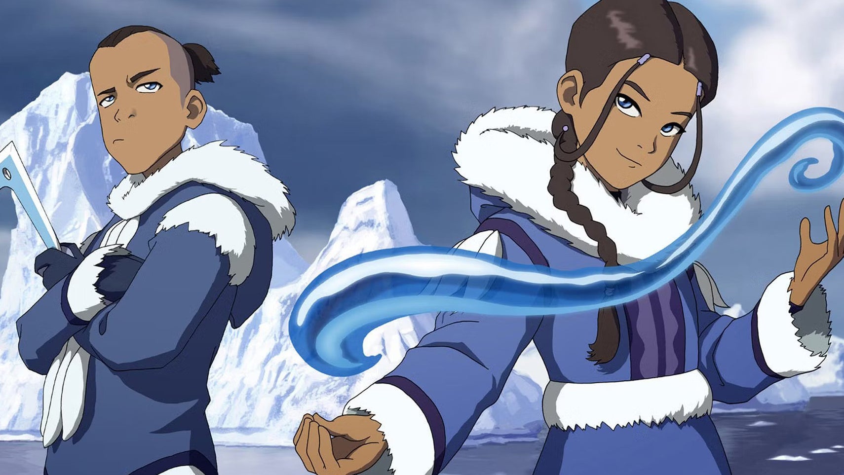 Sokka and Katara from Avatar: The Last Airbender, Sokka is stood arms folded, Katara is bending water. - 1