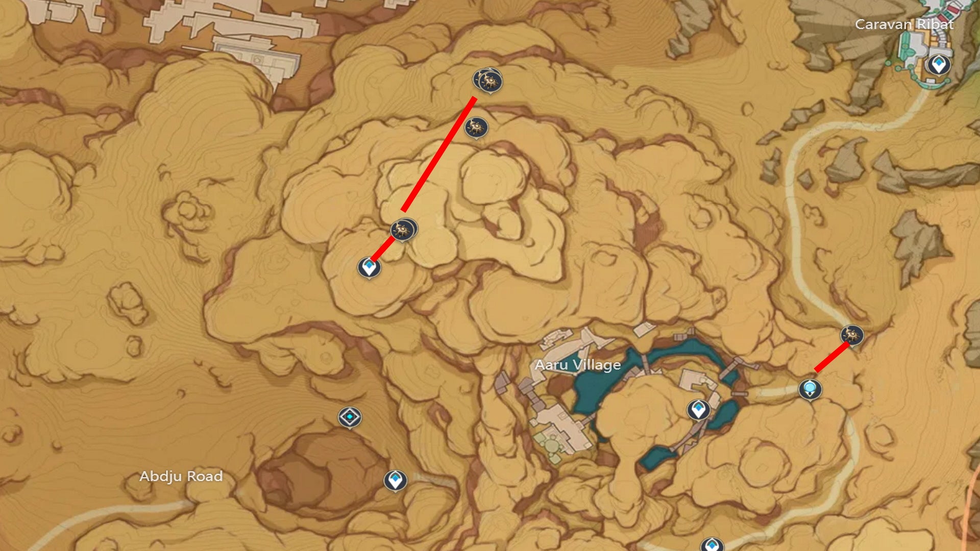 Genshin Impact Scarab locations: A map showing scarab farm routes near Aaru Village