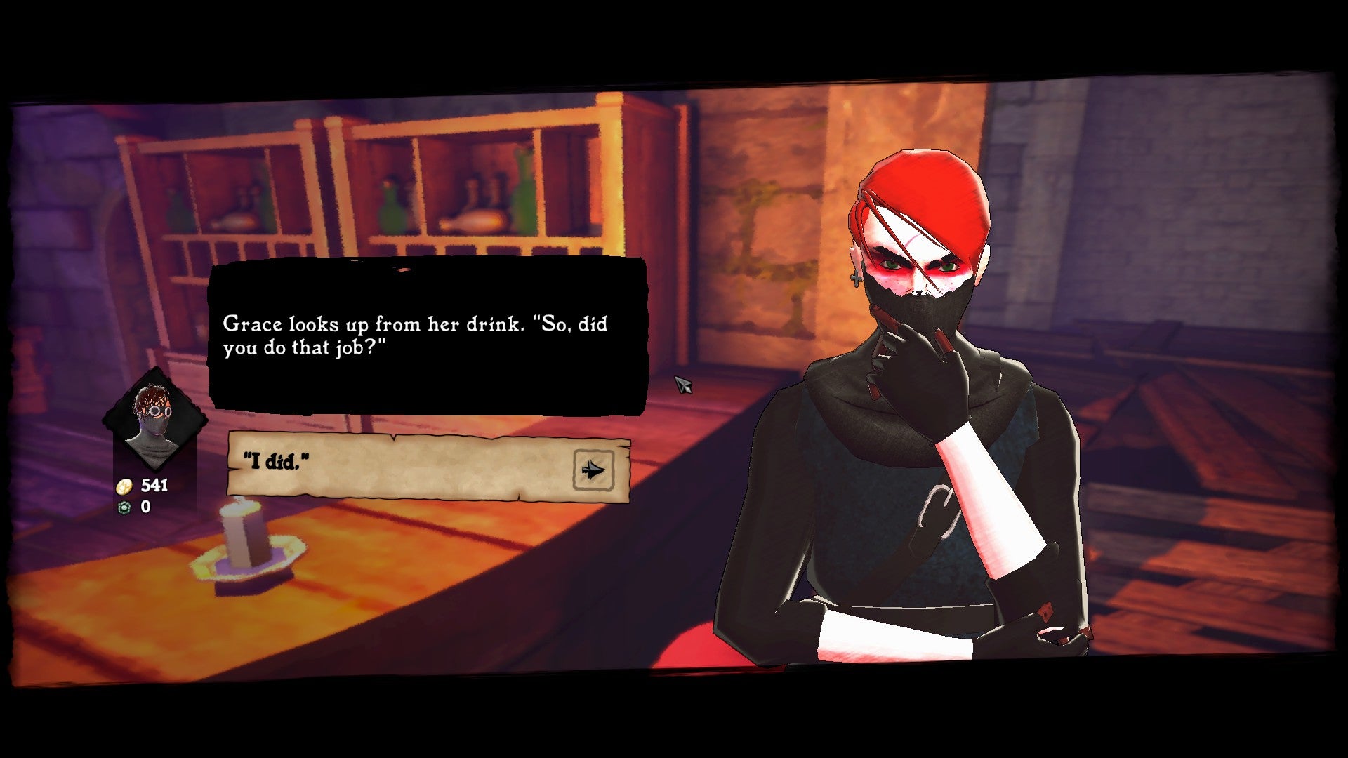 The thief Grace looks up from her drink at the bar in Abermore